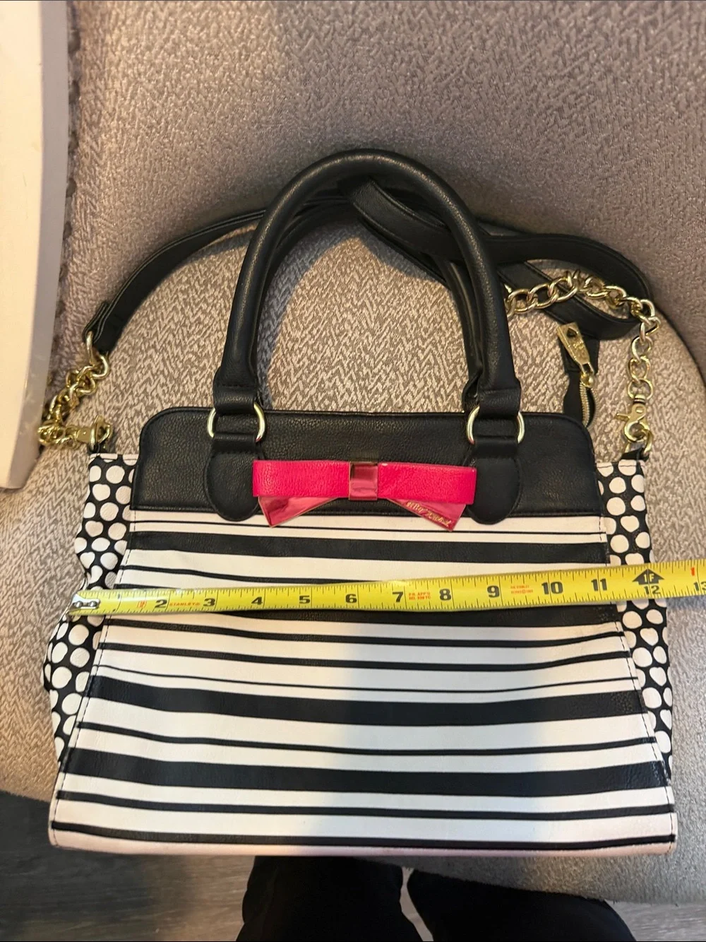RARE Betsey Johnson Black & White Striped Purse with Pink Bow