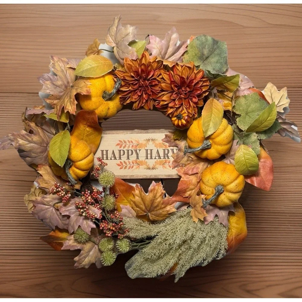 Happy Harvest Autumn Wreath With Pumpkins Dahlias & Maple Leaves Fall Front Door