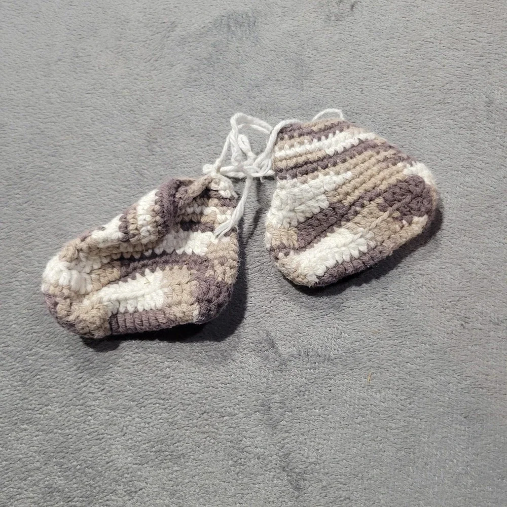 Handmade Crochet Baby Booties Unisex Infant Brown Tan White Striped Boho Soft
