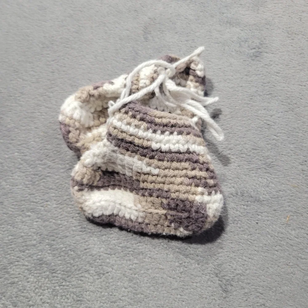 Handmade Crochet Baby Booties Unisex Infant Brown Tan White Striped Boho Soft