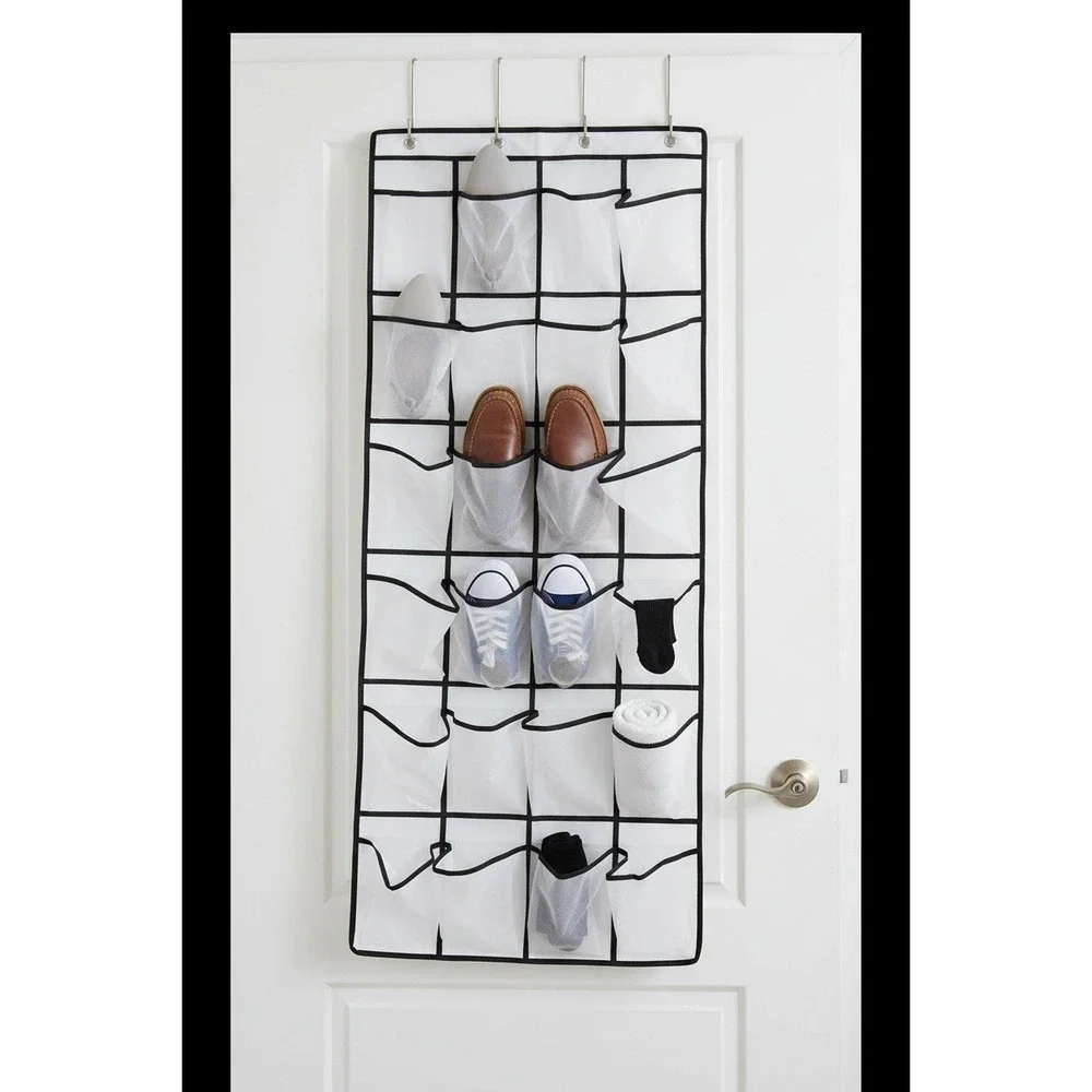 Over the Door Shoe Organizer 24 Mesh Pockets 22 x 59 in White Black Trim