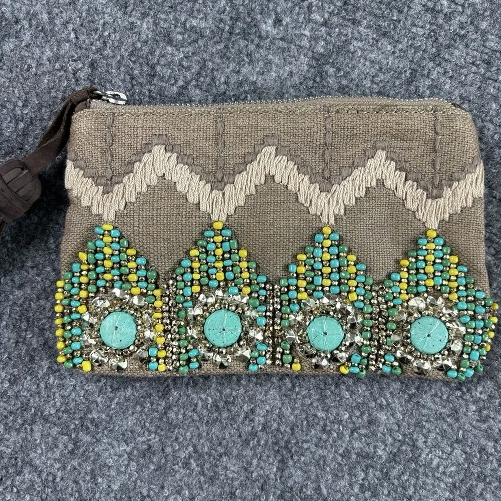Gap Beaded Clutch Wallet Natural Brown Boho Southwestern Festival Tassel Y2K