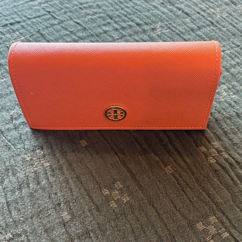 Tory Burch Coral-Orange Saffiano Leather Sunglasses Case with Logo
