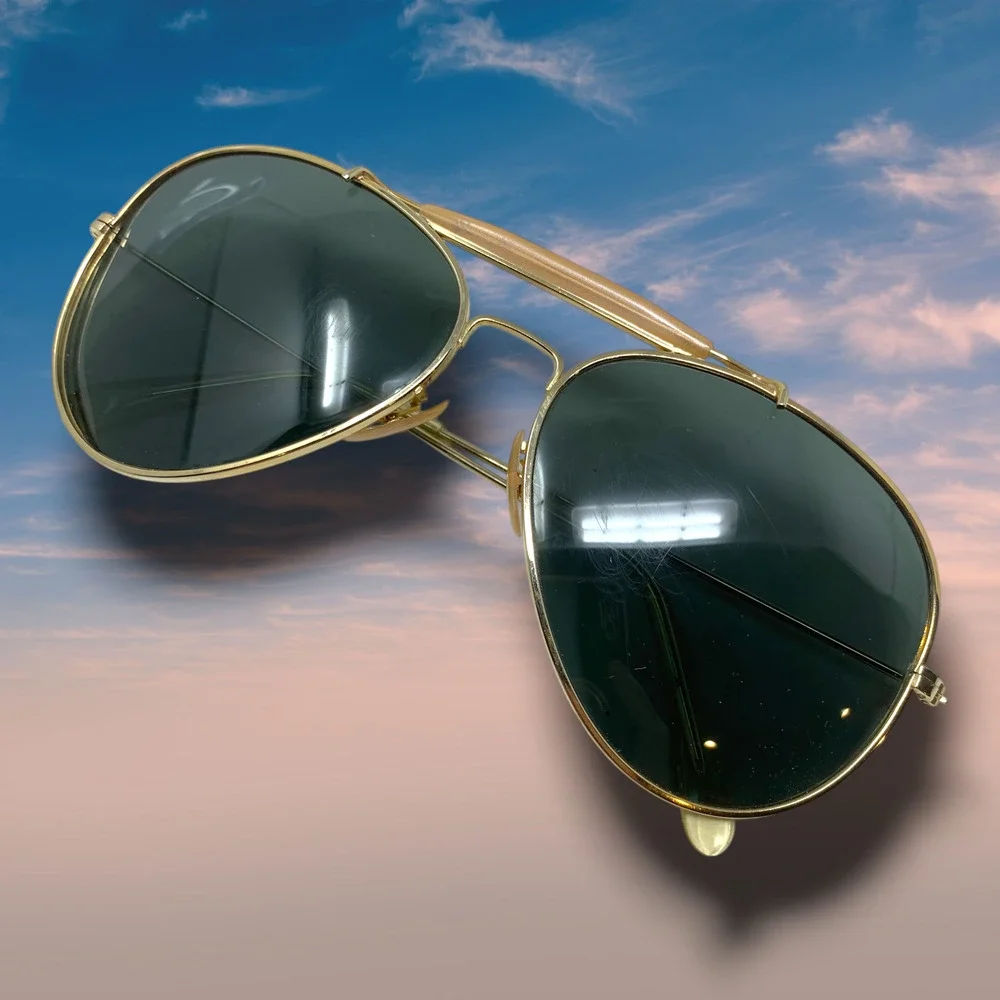 US Fighter Squadron Aviator Sunglasses Gold Frame Green Lens + Printed Case