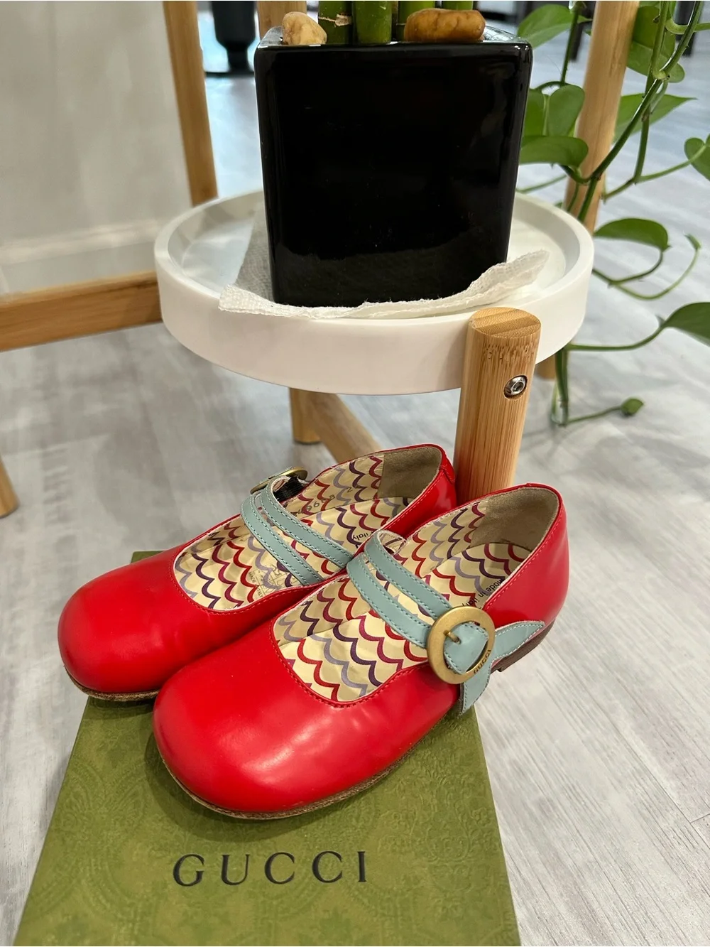 Gucci Red Leather Mary Jane Flats with Light Blue Straps