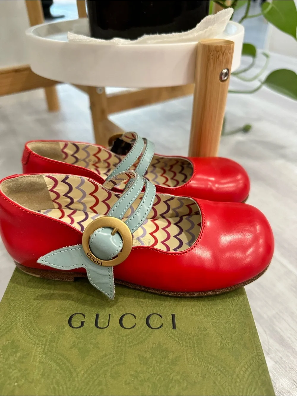 Gucci Red Leather Mary Jane Flats with Light Blue Straps