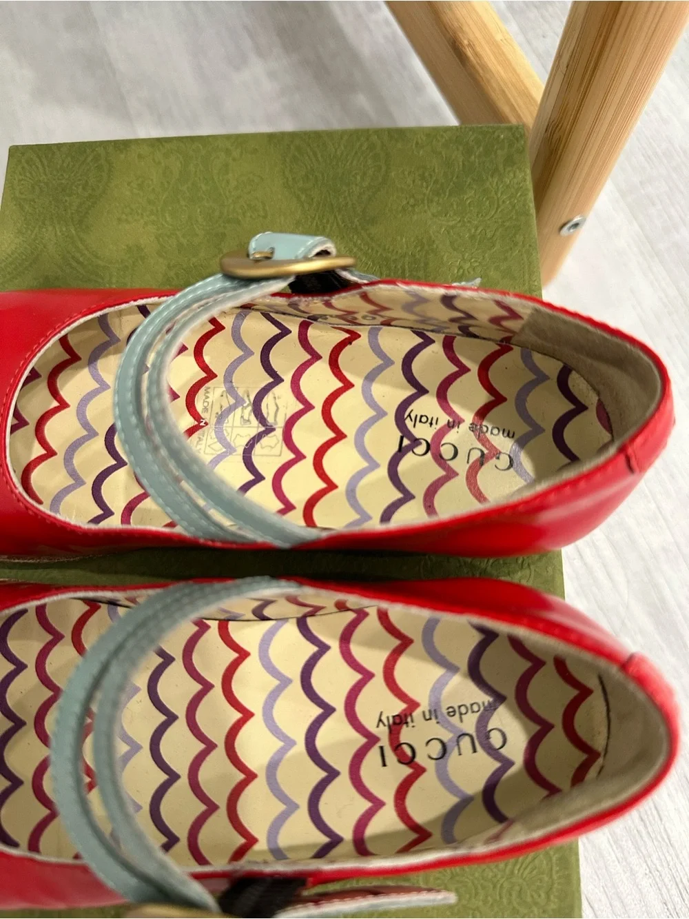 Gucci Red Leather Mary Jane Flats with Light Blue Straps