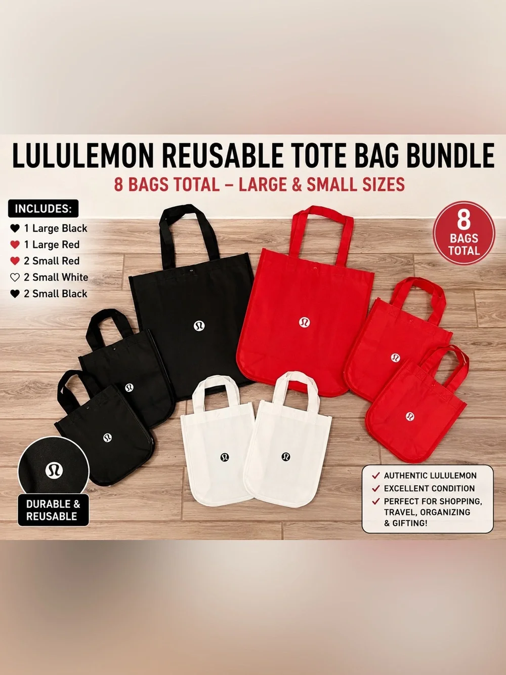 Lululemon Reusable Shopping Tote Bag Bundle - 8 Bags (Large & Small)