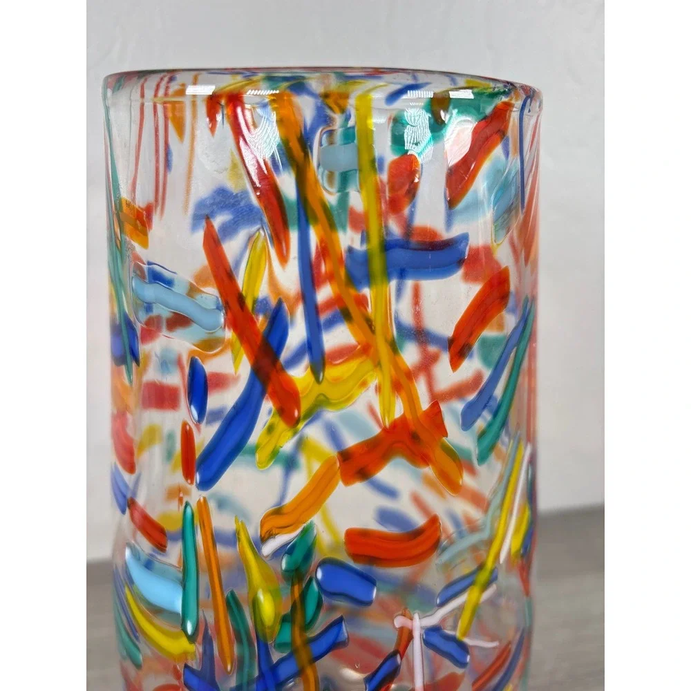 Vintage Pier 1 Imports Confetti Mouth Blown Art Glass Flower Vase Rainbow 11 in