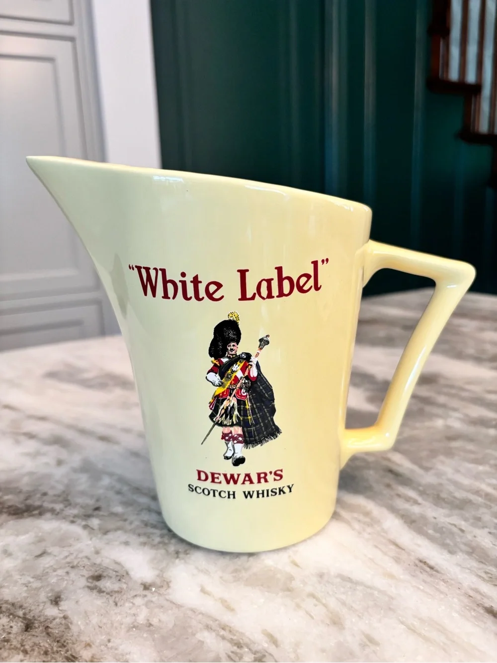 Dewar’s White Label Scotch Whisky yellow ceramic 7” pitcher