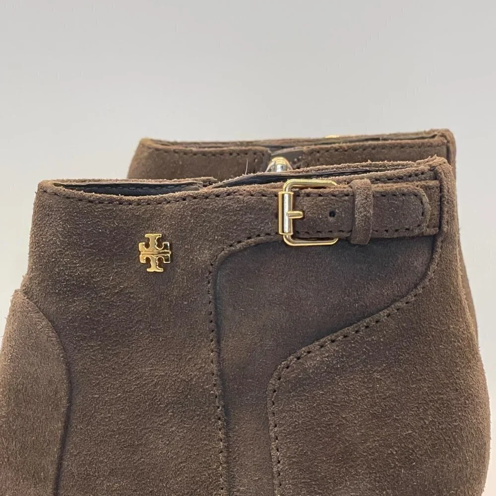 TORY BURCH Leather Milan Wedge Bootie Belted Gold Logo Size 7.5
