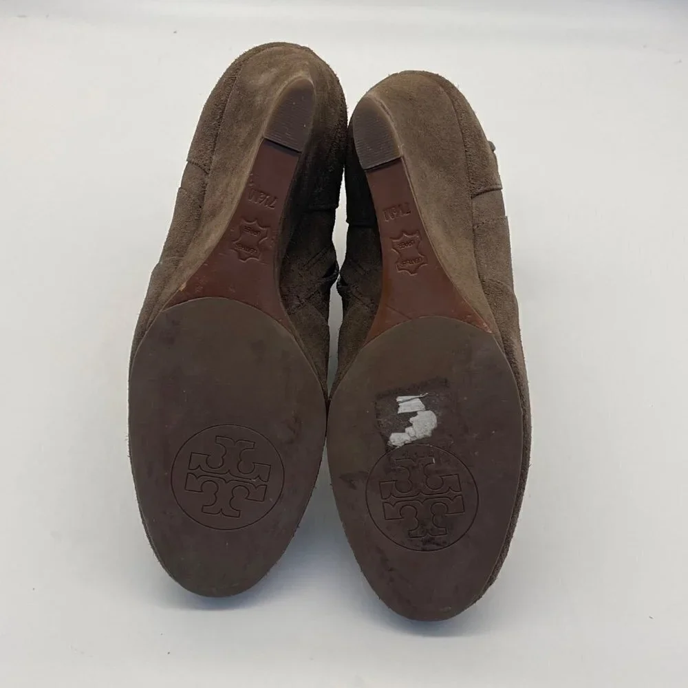 TORY BURCH Leather Milan Wedge Bootie Belted Gold Logo Size 7.5