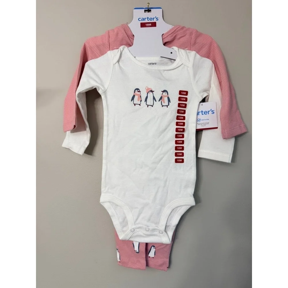 Carter's 3-Piece Bodysuit Pants Set Baby Girl Pink Penguin Waffle Knit NWT