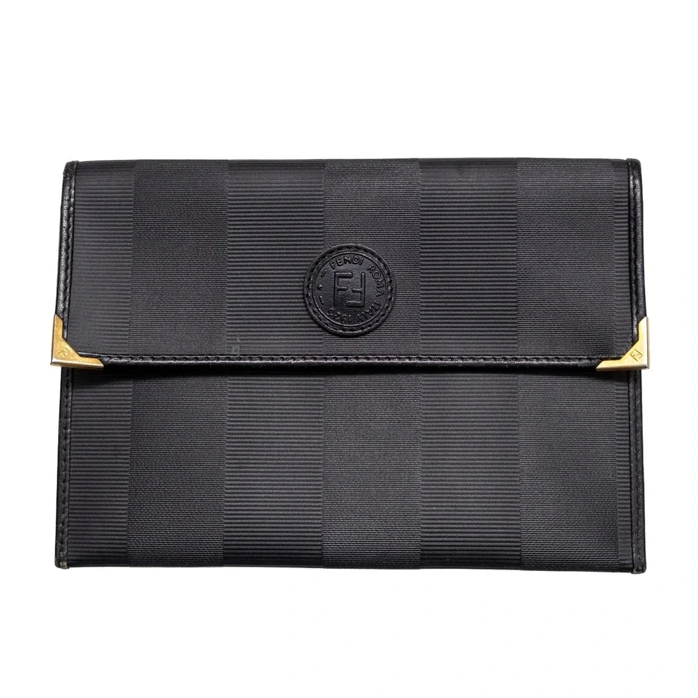 Vintage Fendi SAS Roma Pequin Striped Canvas Clutch Bag Black Leather G-02859