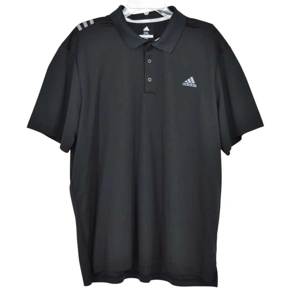 adidas Golf Mens 2XL Black 3-Stripes Shoulder Performance Polo Shirt XXL Top