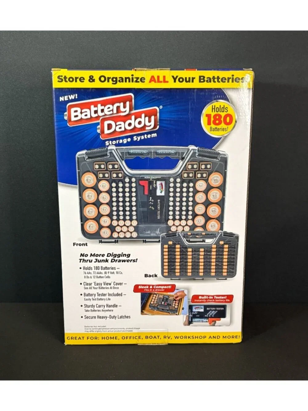 Battery Daddy Storage Caddy Carrying Case Garage Home Organizer Tool Box Gray