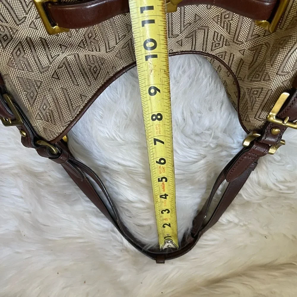 Ralph Lauren Logo Canvas khaki&brown Hobo Bag leather brown straps brass accents