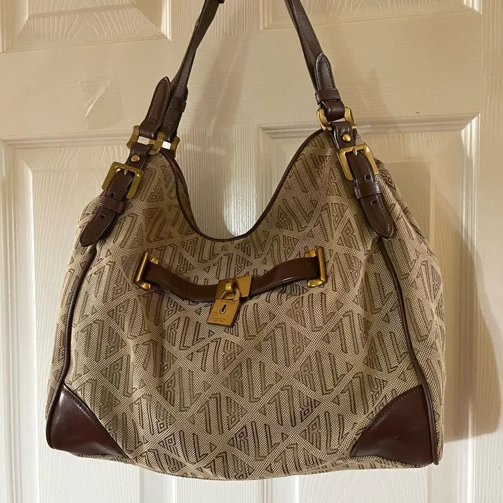 Ralph Lauren Logo Canvas khaki&brown Hobo Bag leather brown straps brass accents