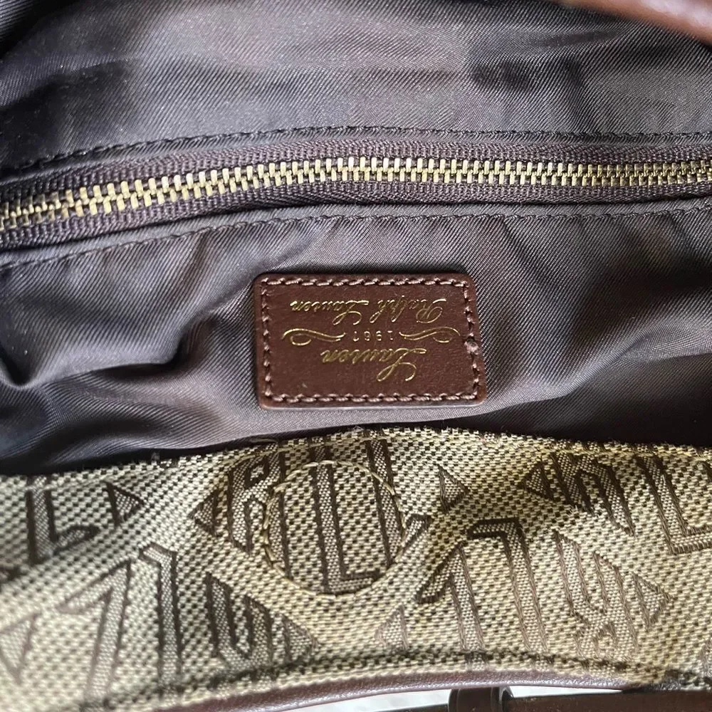 Ralph Lauren Logo Canvas khaki&brown Hobo Bag leather brown straps brass accents