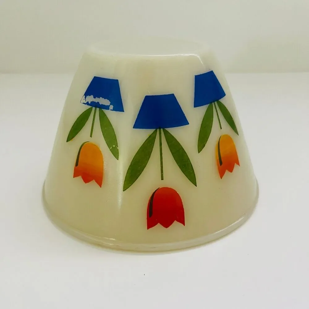 FIRE KING Milk Glass Ovenware Red, Orange, Yellow Tulips Small Mixing Bowl 1 Qt