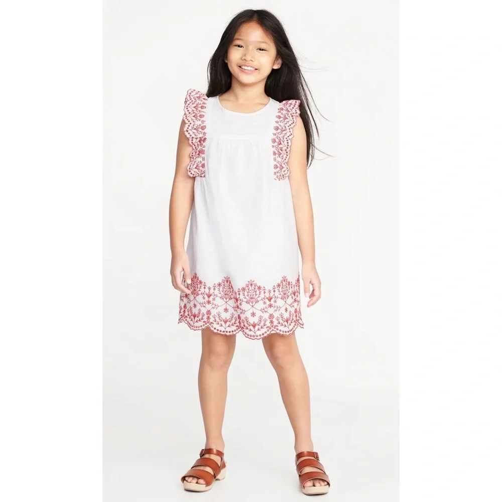 Old Navy White & Red Ruffle Embroidered Shift Dress Girls Size M 8