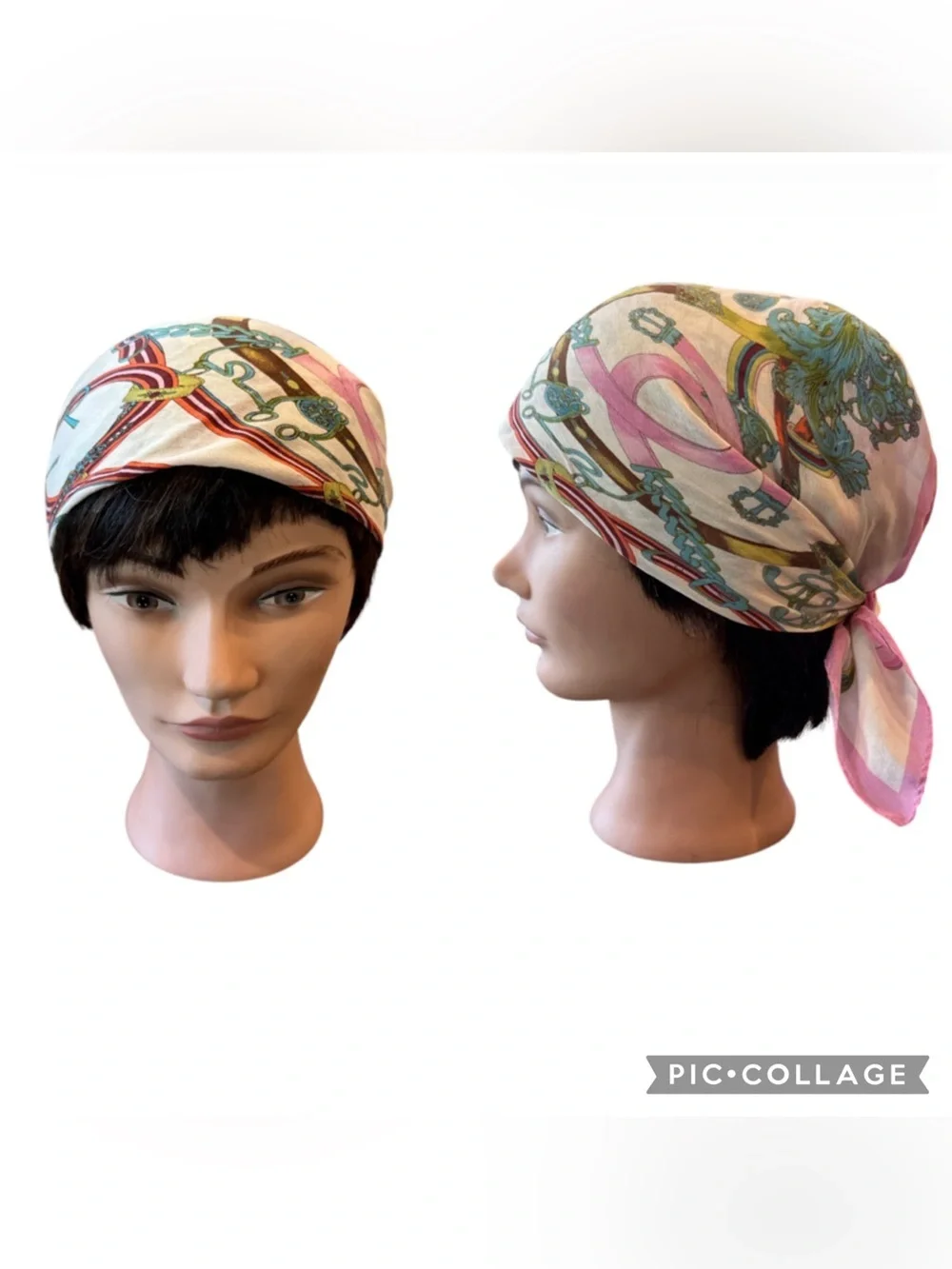 Vintage Imported Silk Equestrian White & Pink Multi Square Scarf