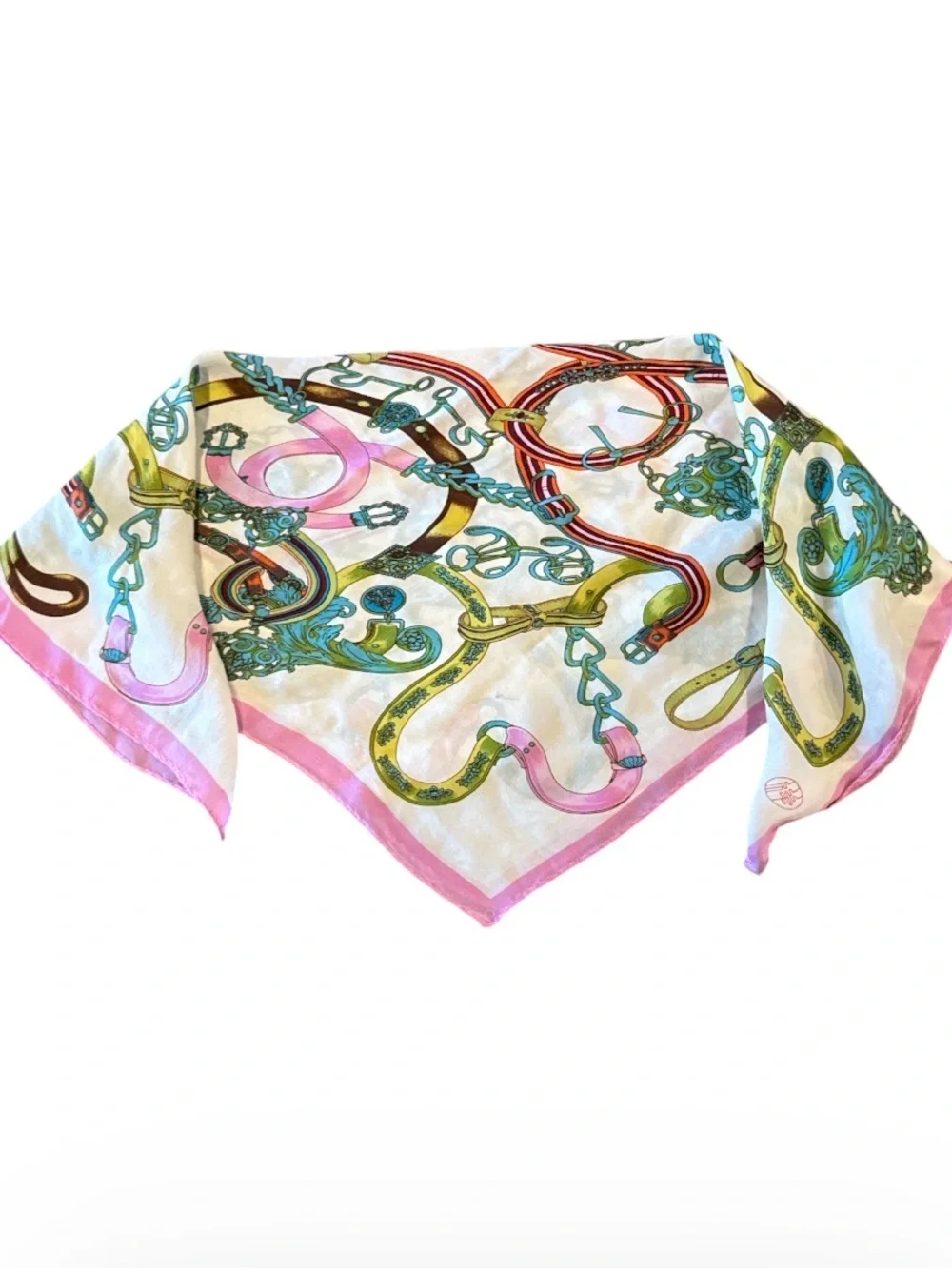 Vintage Imported Silk Equestrian White & Pink Multi Square Scarf