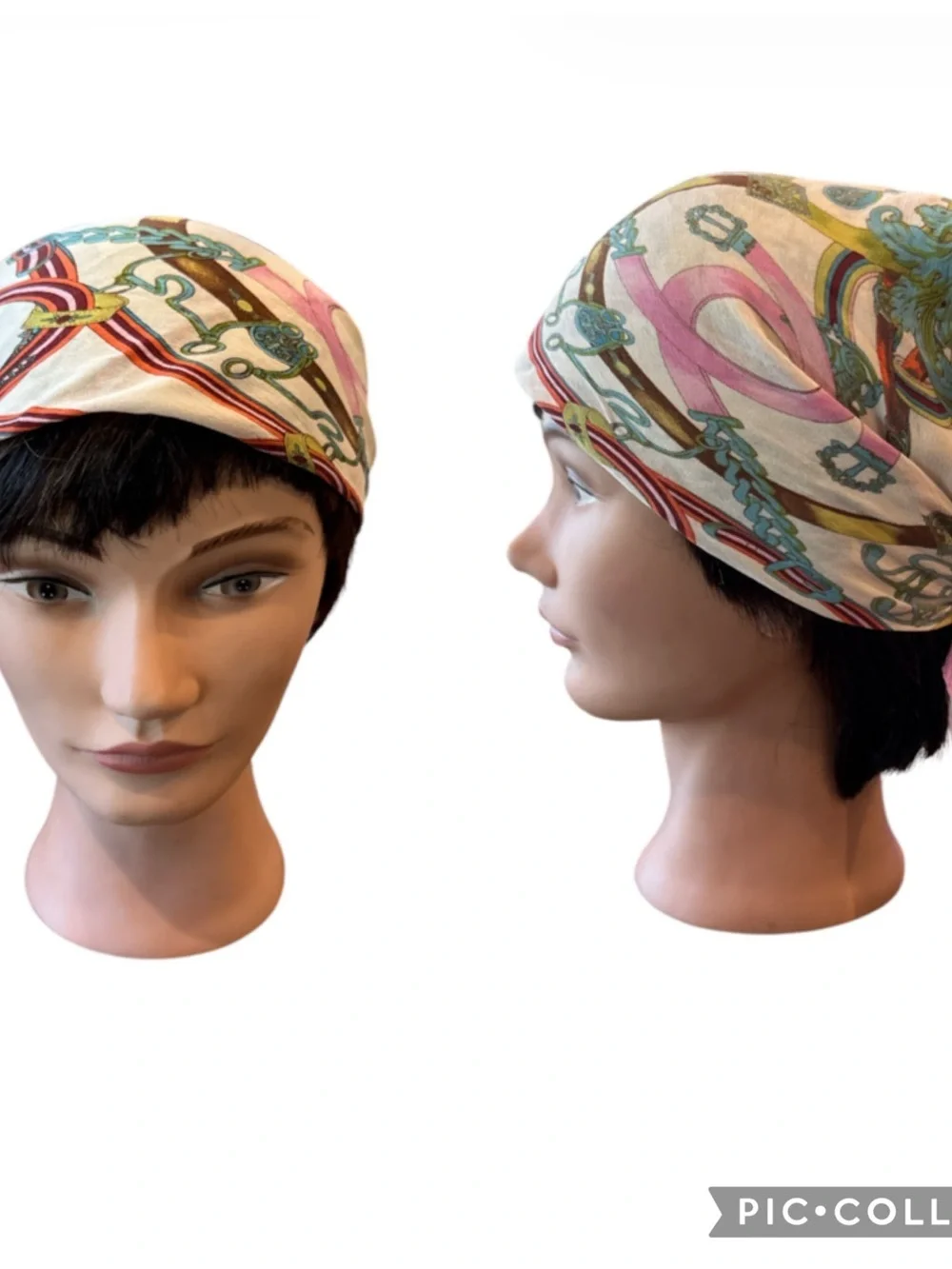 Vintage Imported Silk Equestrian White & Pink Multi Square Scarf