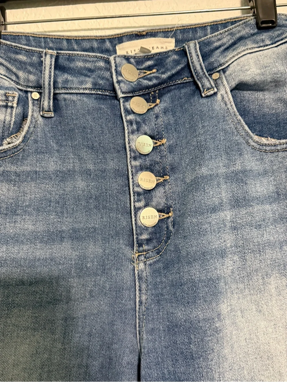Risen High Rise Button Fly Flare Jeans Size 11/30 Medium Wash Stretch Denim