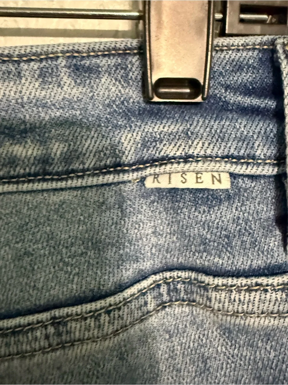 Risen High Rise Button Fly Flare Jeans Size 11/30 Medium Wash Stretch Denim