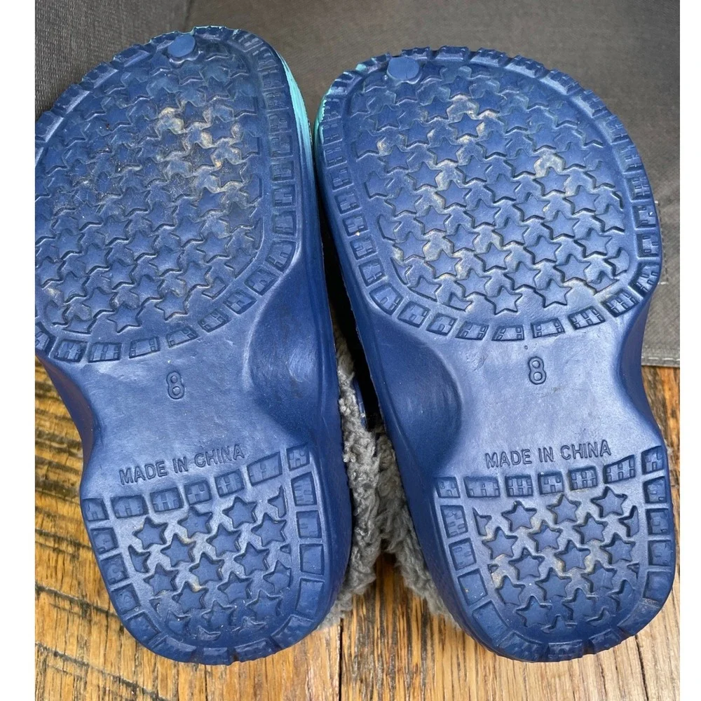 Zoogs Kids Fleece Lined Clogs Blue Teal Ombre Faux Fur Slip On Shoe Strap size 8