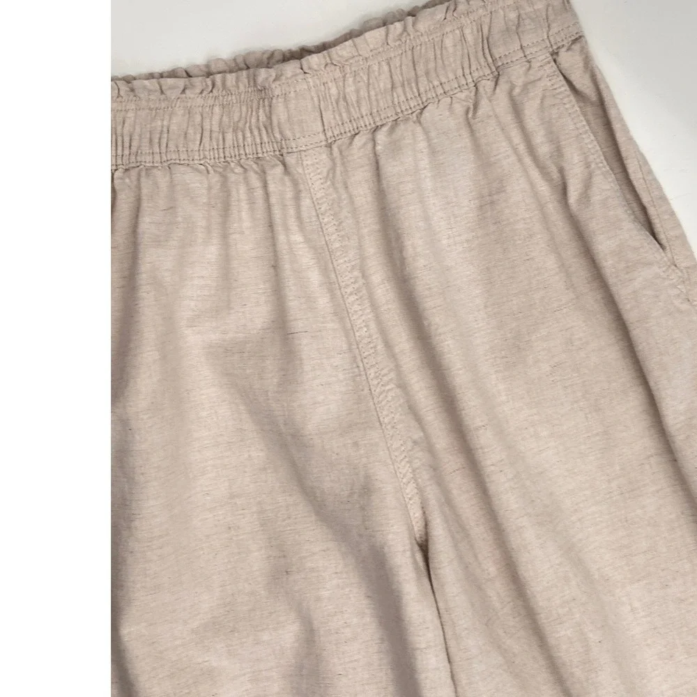 H&M Linen Blend Wide Leg Pull On Pants Beige Elastic Waist Pockets Quiet Luxury