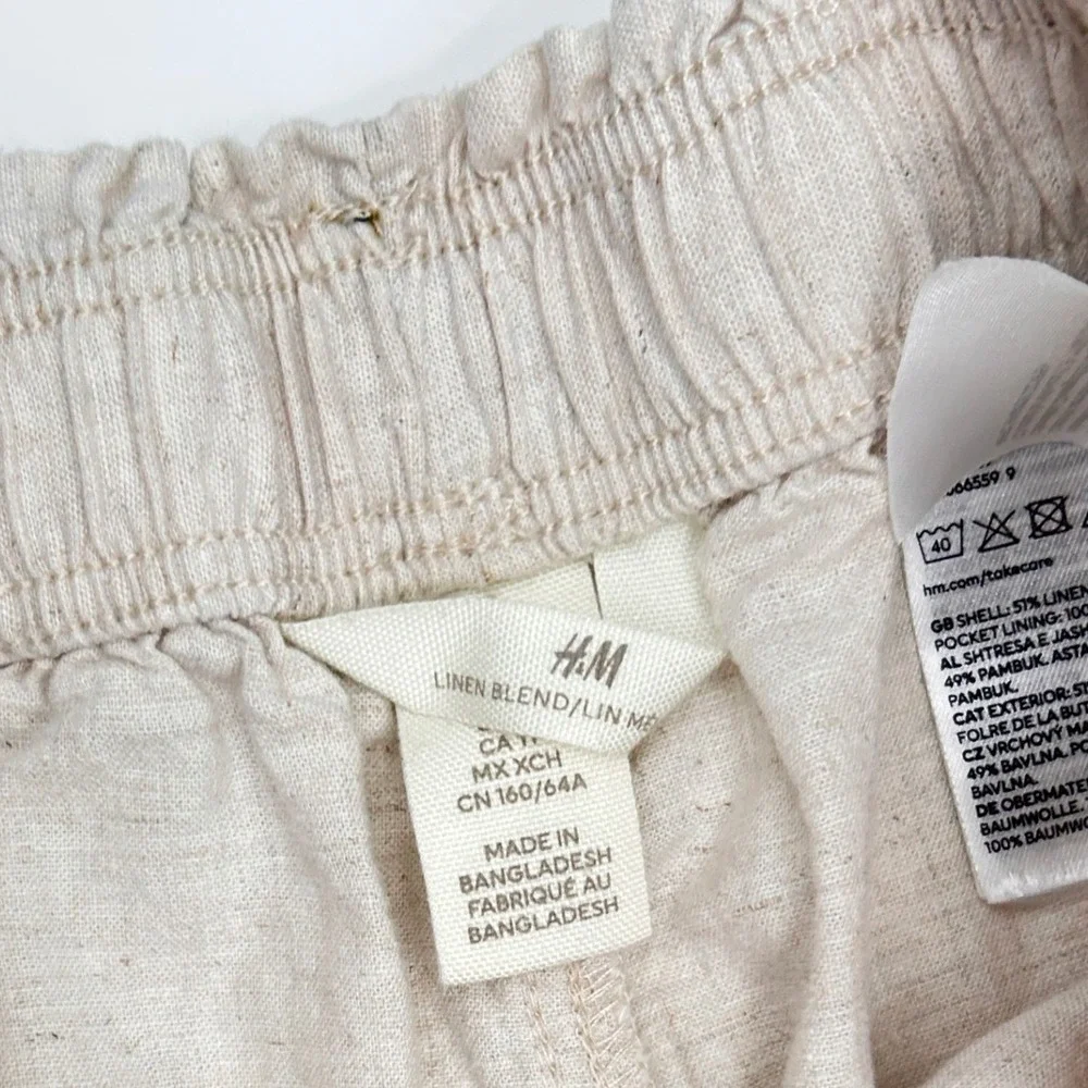 H&M Linen Blend Wide Leg Pull On Pants Beige Elastic Waist Pockets Quiet Luxury