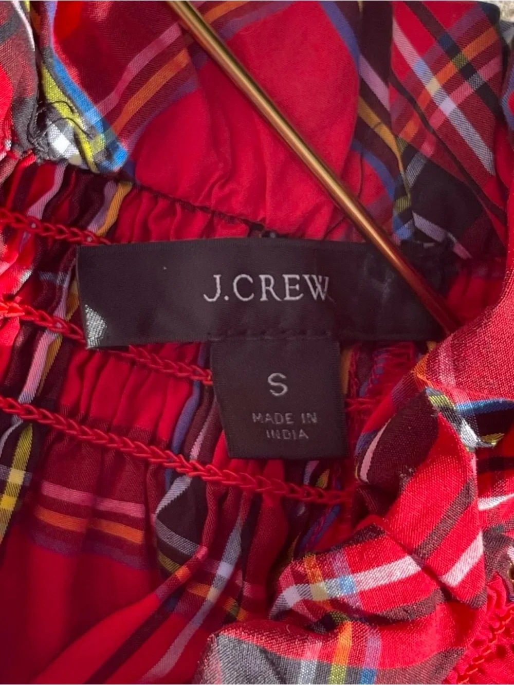 J.Crew Re-Imagined Red Plaid Peasant Blouse Puff Sleeve Cottagecore Top
