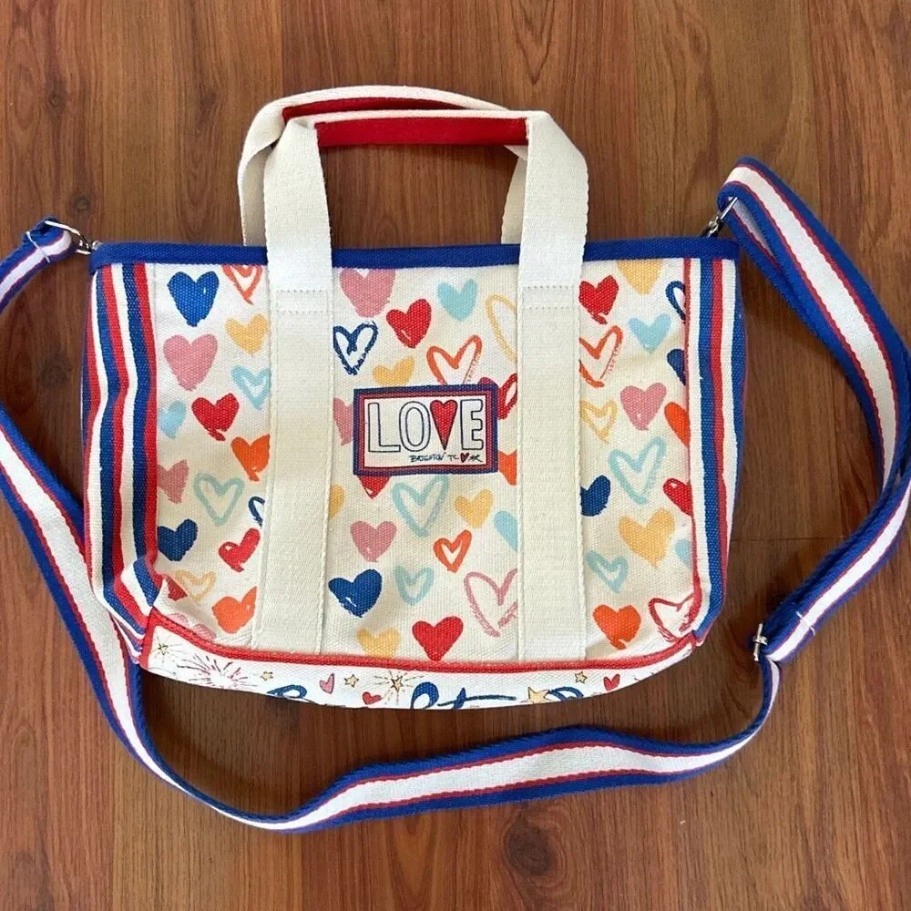 Brighton LOVE heart red white and blue patriotic Canvas medium tote with webbing