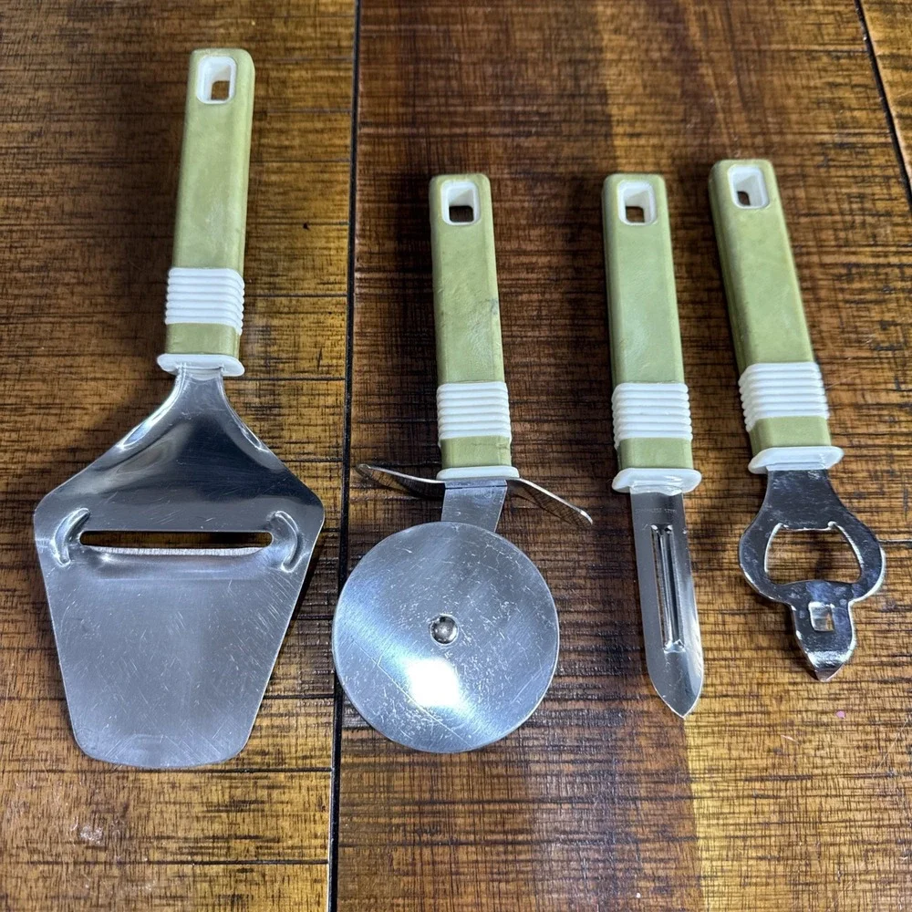 Vtg MCM Olive Green 4pc Pizza Cheese Peeler‎ Opener Stainless Steel Kitchen Ware