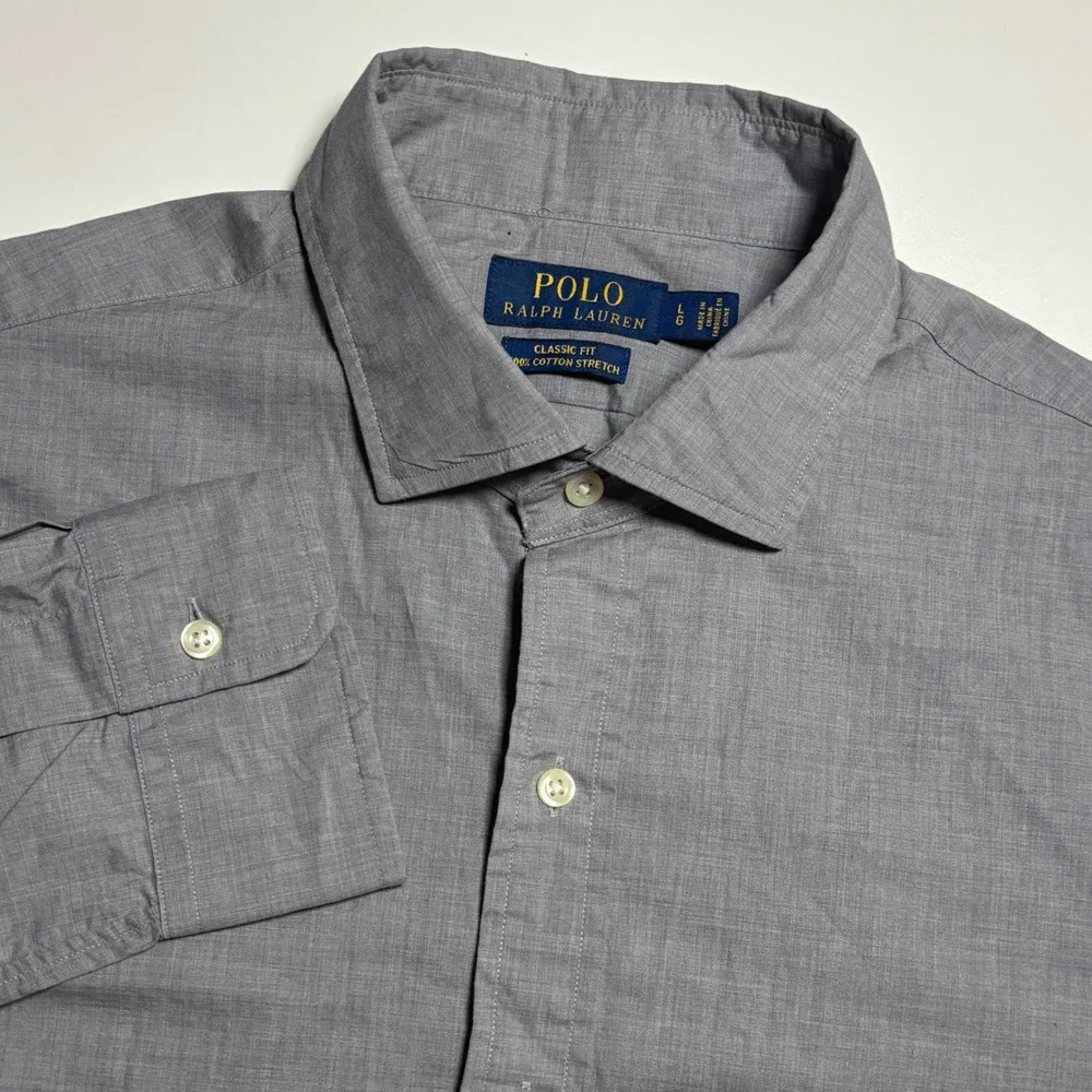 Polo‎ Ralph Lauren Gray Classic Fit Cotton Stretch Mens L Long Sleeve Button Up