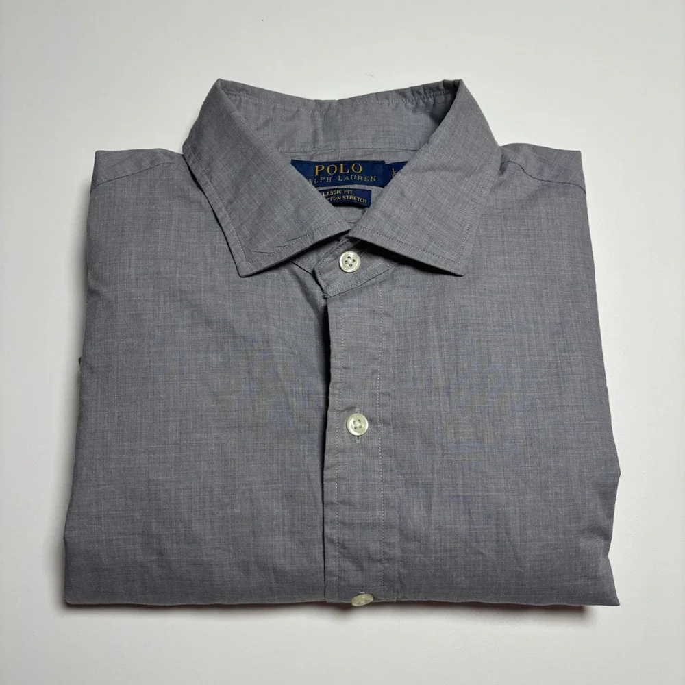 Polo‎ Ralph Lauren Gray Classic Fit Cotton Stretch Mens L Long Sleeve Button Up