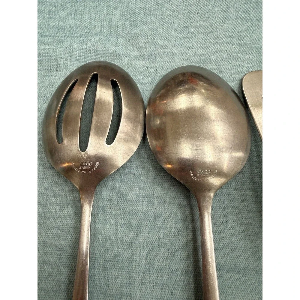 Vintage Ekco Eterna Serving Set Spoons Slotted & Solid, Turner & Fork MCM Japan