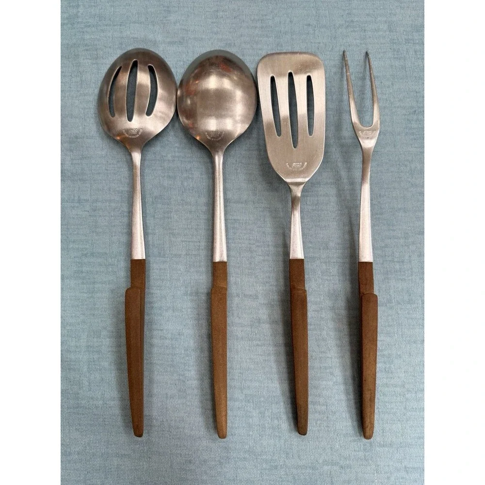 Vintage Ekco Eterna Serving Set Spoons Slotted & Solid, Turner & Fork MCM Japan