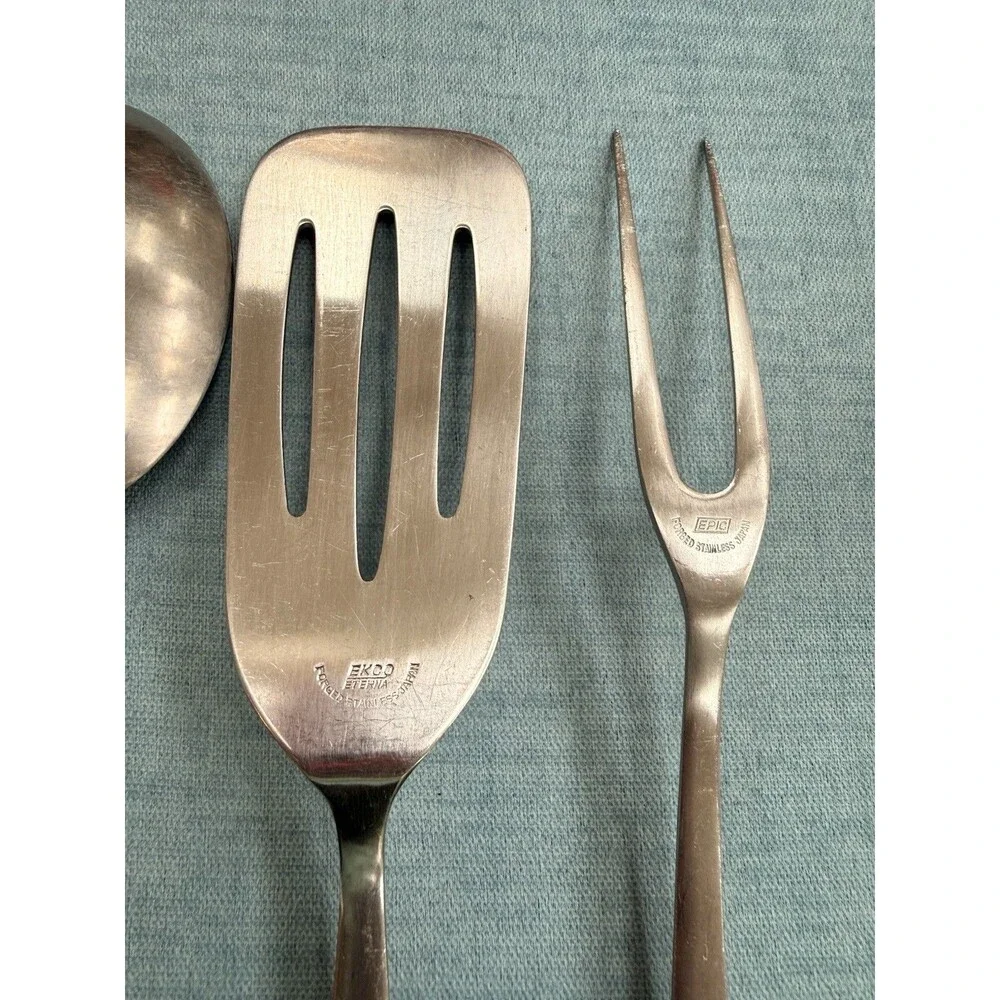Vintage Ekco Eterna Serving Set Spoons Slotted & Solid, Turner & Fork MCM Japan