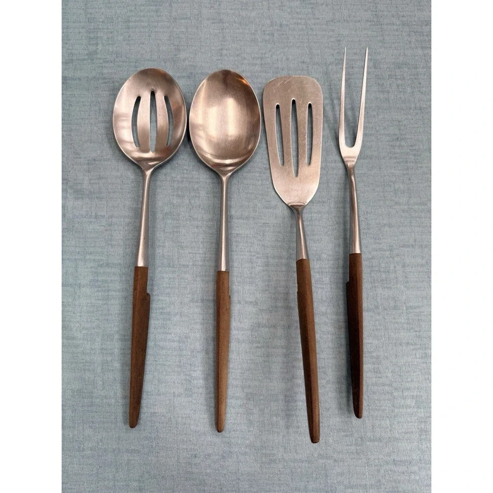 Vintage Ekco Eterna Serving Set Spoons Slotted & Solid, Turner & Fork MCM Japan