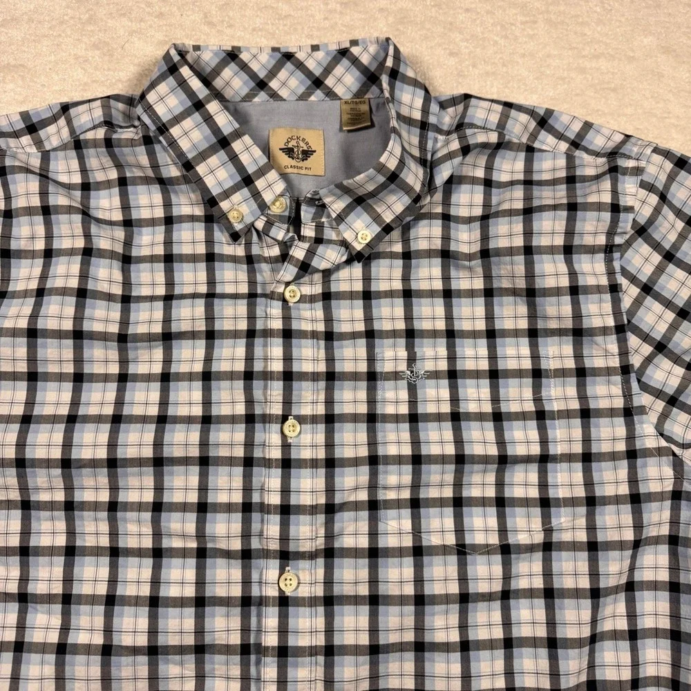 Dockers Men's Classic Fit White Blue Plaid Short Sleeve Button Down Shirt‎ XL