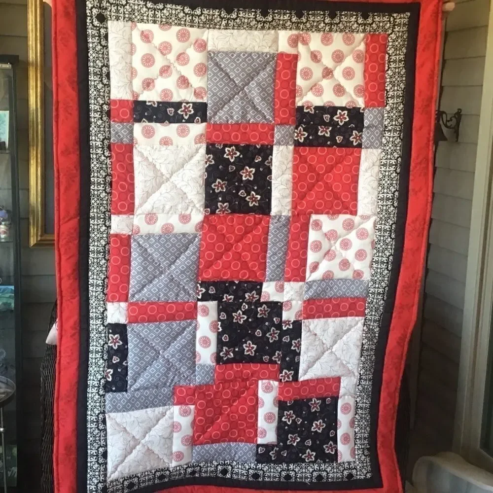 NWT Hand Crafted Red/Black/Grey/White Quilt