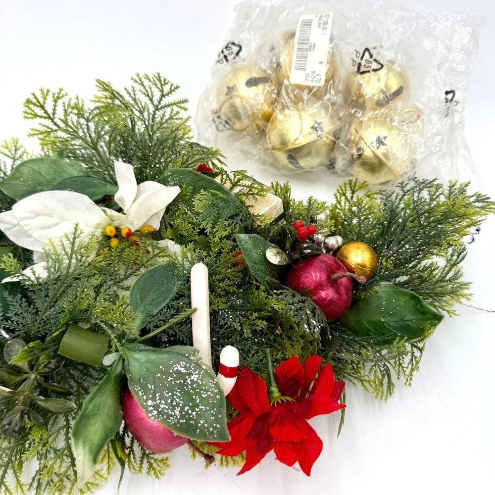 VTG‎ Christmas Plastic Greenery Centerpiece Candle Decor and 5 Golden Bells
