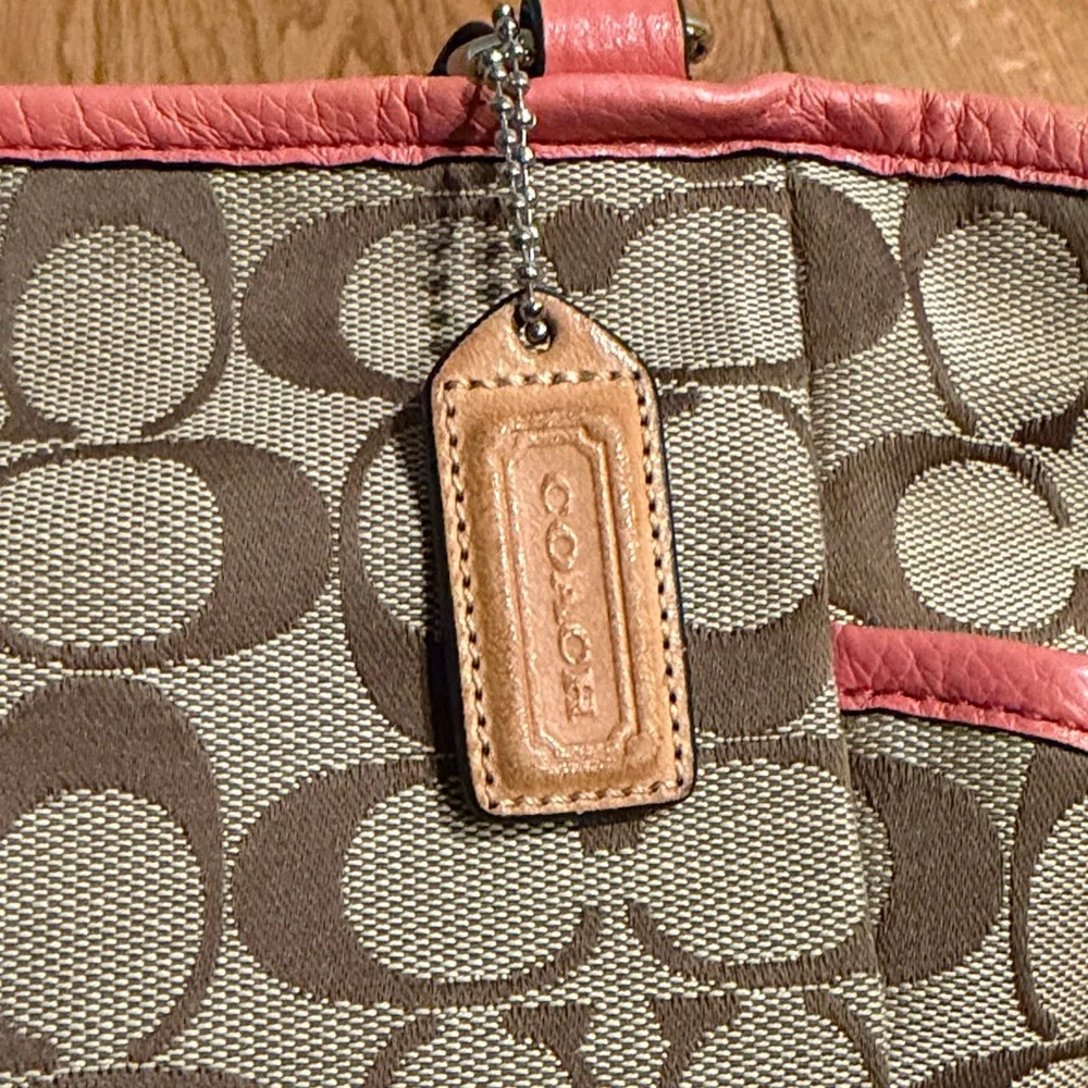 Coach Brown Signature Jacquard Tote with Coral Trim