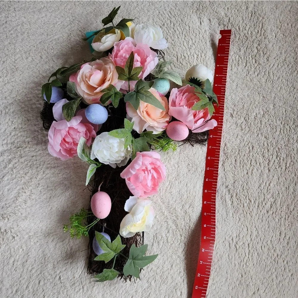 NEW SPRING / Easter Pink Peony Rose Eggs Natural Twig Cross Decoration / wreath