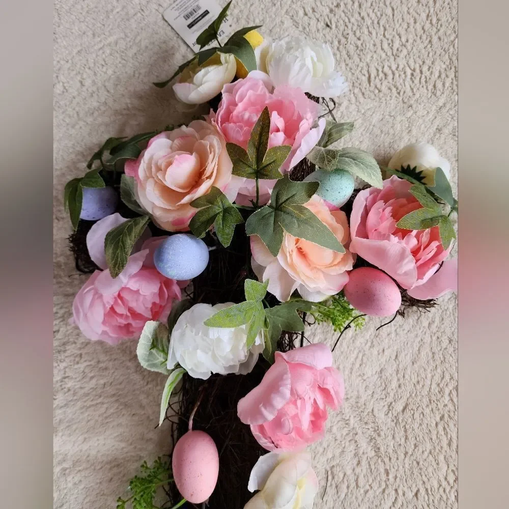 NEW SPRING / Easter Pink Peony Rose Eggs Natural Twig Cross Decoration / wreath