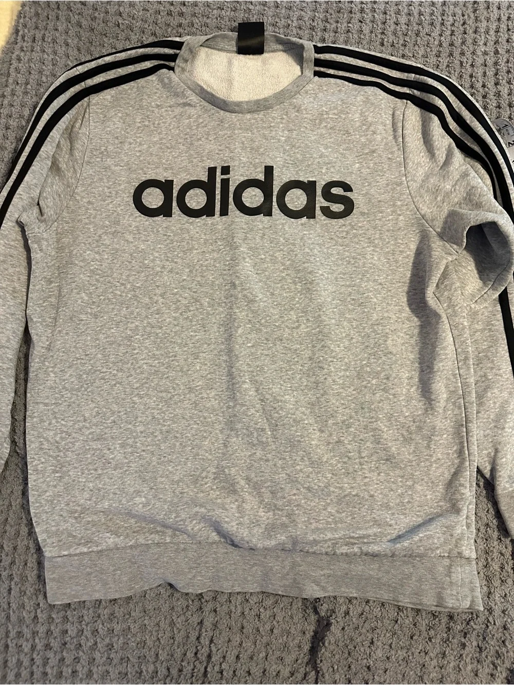 adidas Women’s Grey Large Crewneck Sweatshirt with Black Logo and Stripes