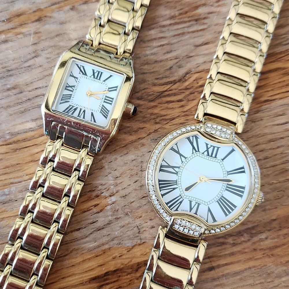 2 BRONZO ITALIA Watches Gold  Rhinestones Mother of Pearl Wristbands‎ Women